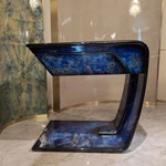 Sculptural C-Shaped Sofa Side Table with Blue Natural Wood Veneer, Integrated Drawer and Cantilever Base